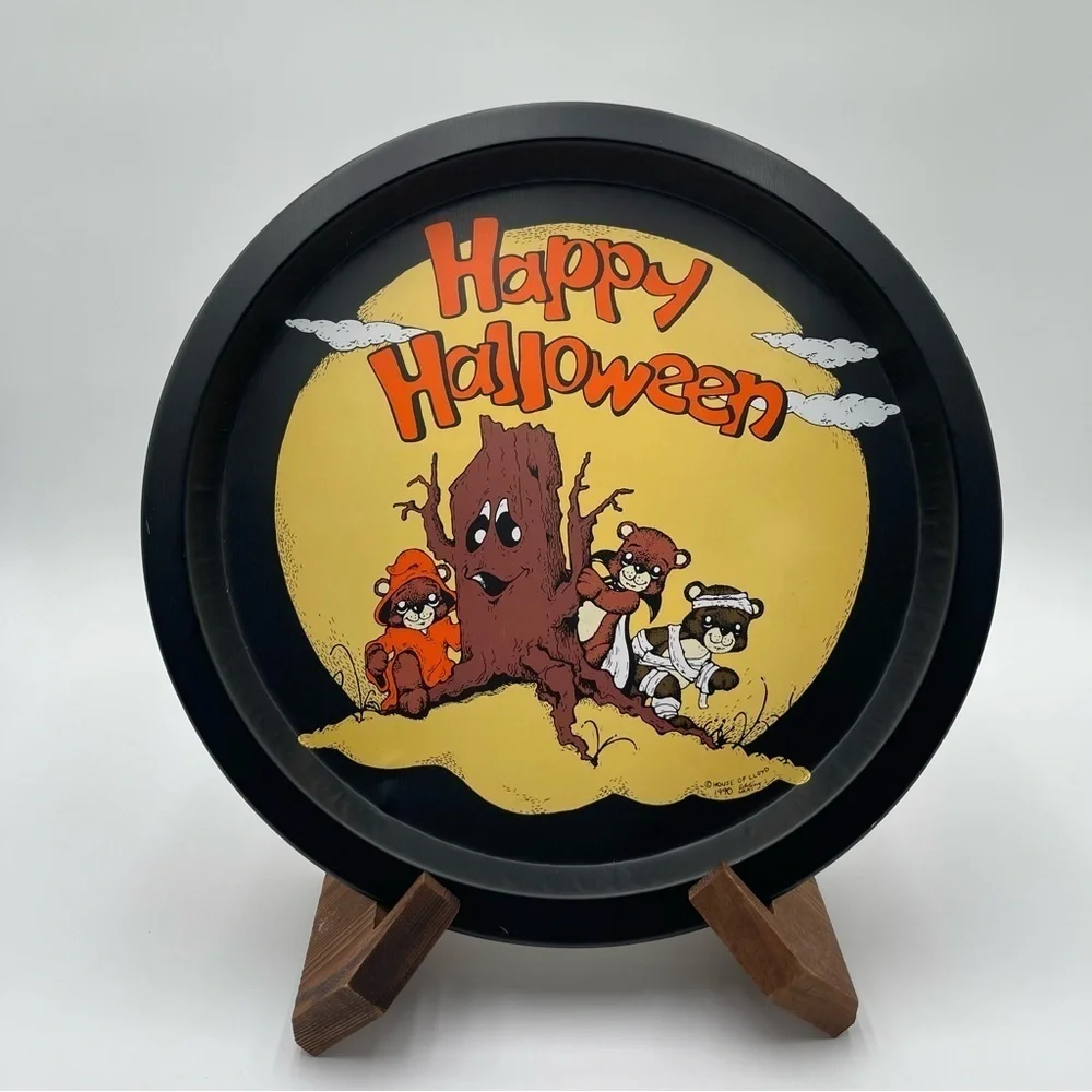 Vintage 1990 Retro Happy Halloween Bear Round Metal Serving Tray House of Lloyd - Picture 1 of 5